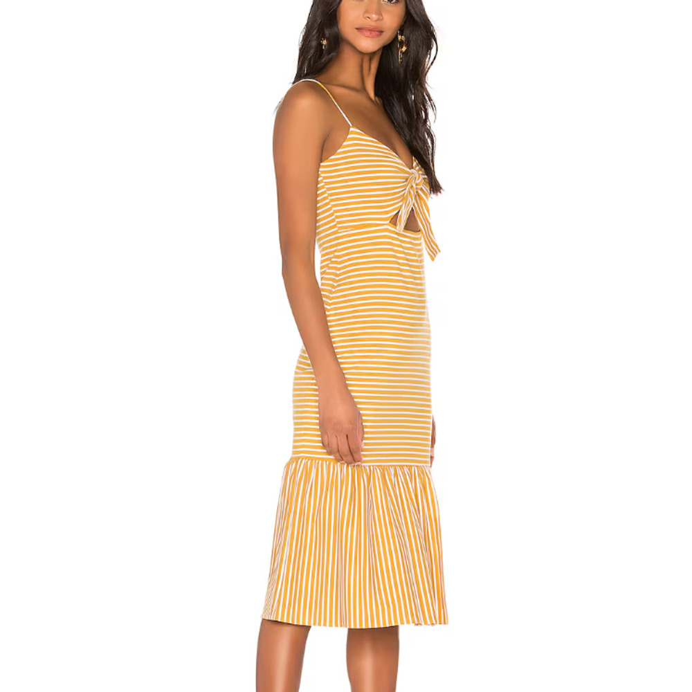 Saylor Mustard Striped Midi Slip Dress MEDIUM Bodycon Vacation Bow Pinup $200 - Picture 2 of 15